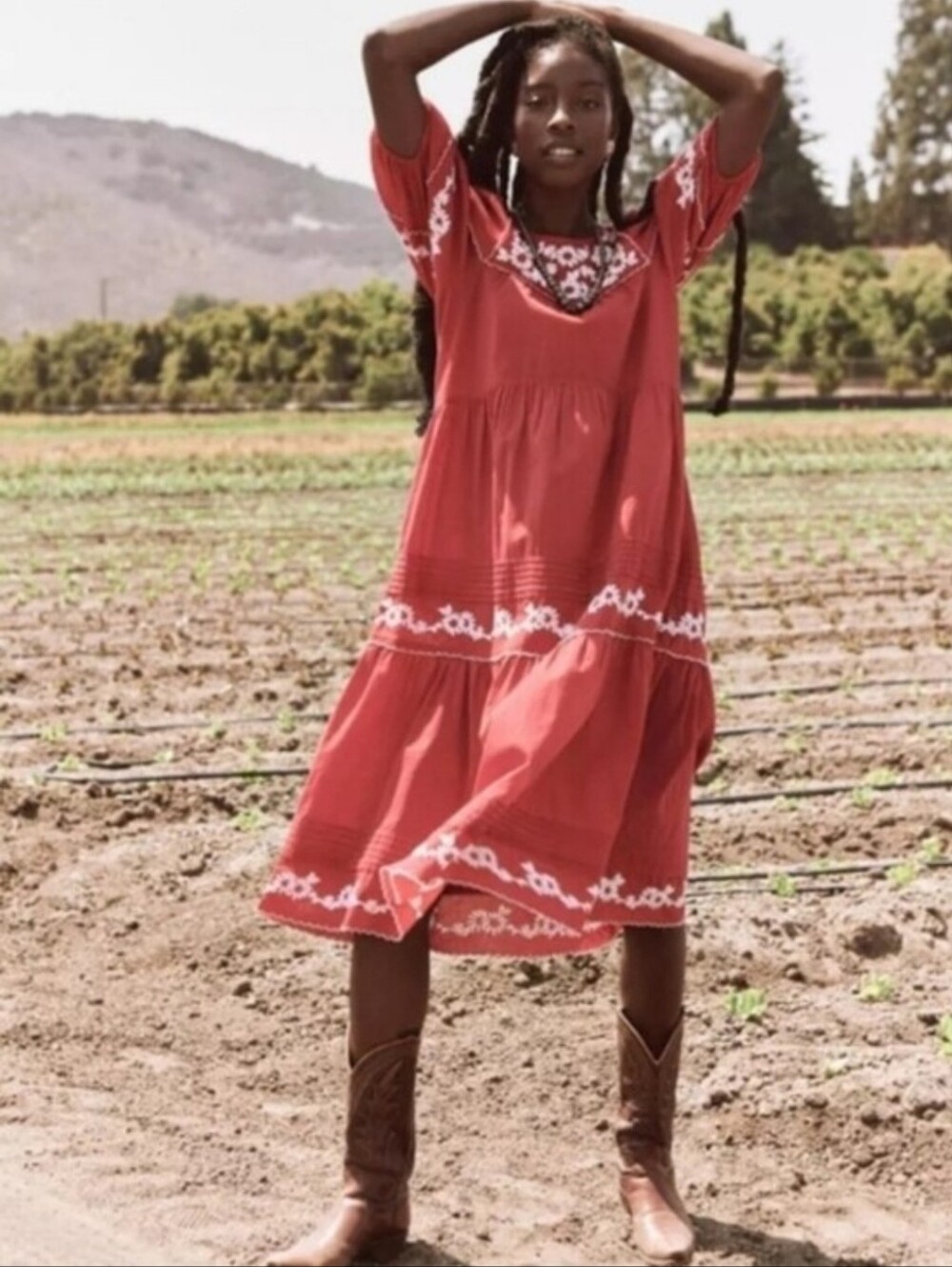 The GREAT. Heirloom dress in cherry tomato red xsmall cottagecore lace vintage